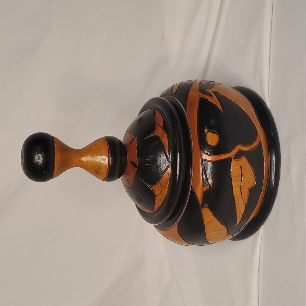 Wood Carved Large Tobacco Pot Lidded Trinket Turned Carved Fish Floral Decor